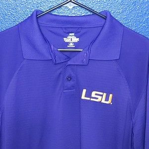 Russell Team Issue LSU Tigers Logo Men’s Purple Polo Shirt Size Medium NCAA